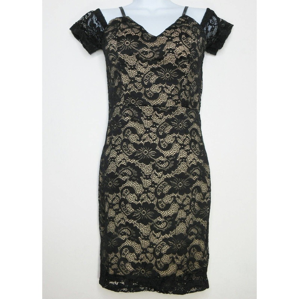 Black Lace Fitted Dress Juniors M Lined Spaghetti Strap Cap Sleeve Papermoon